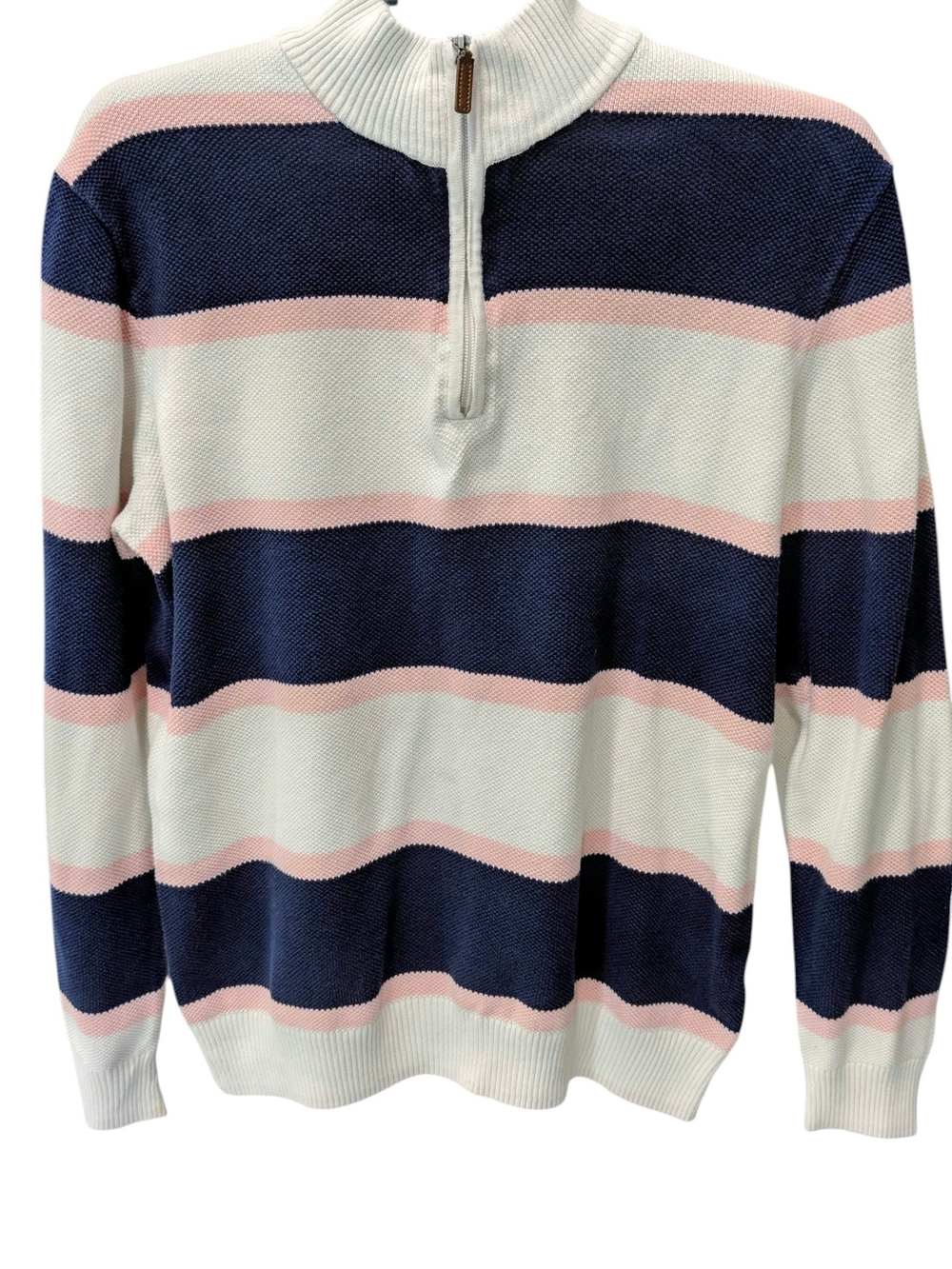 Club Room Men's Navy, White & Pink Striped Zip Mock Neck Sweater